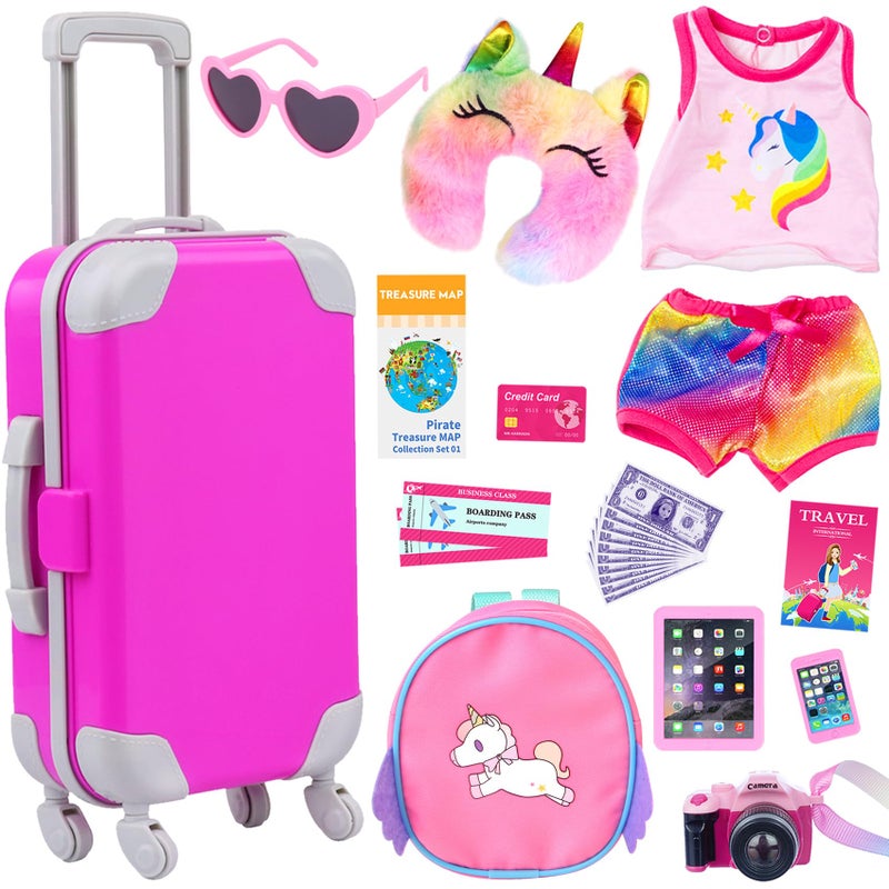 ZITA ELEMENT 24 Pcs 18 Inch Girl Doll Accessories Suitcase Luggage Travel Set Including 18 Inch Doll Clothes Luggage Pillow Blindfold Sunglasses Camera Computer Cell Phone Ipad and Other Stuff - Image 1